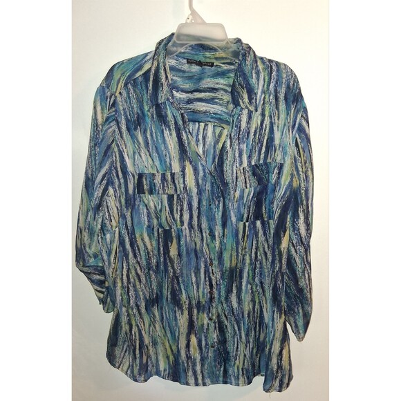 Sara Michelle Multicolor Sheer Geometric 3/4 Roll Tab Sleeve Button Up Blouse Sz - Picture 1 of 3